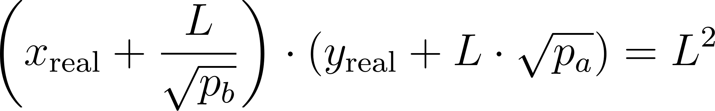 Equation 2.2 relating real reserves, price range, and liquidity