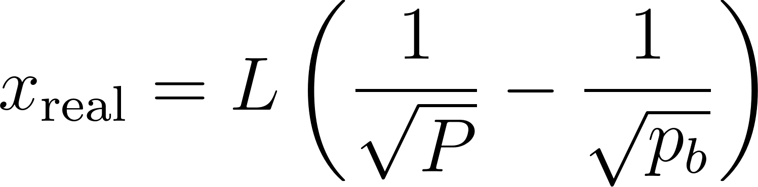 xreal equals L times 1 over root P minus 1 over root pb